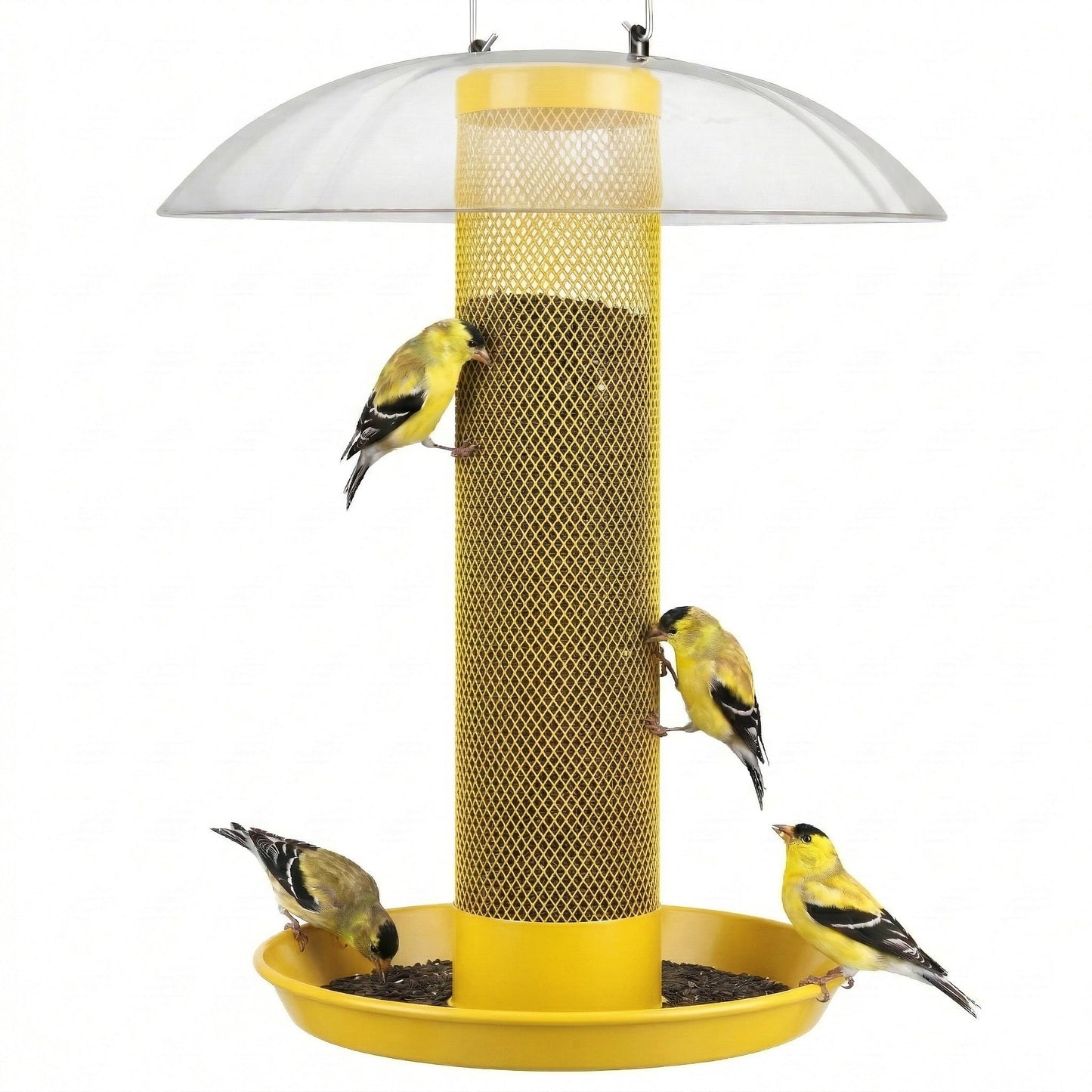 Kingsyard Thistle & Nyjer Bird Feeders for Outdoors Hanging, Metal Finch Feeder with Weatherproof Dome & Removable Tray, 14 Inch Mesh Tube, 2-1/4 lbs Seed Capacity, Great for Wild Bird (Yellow)