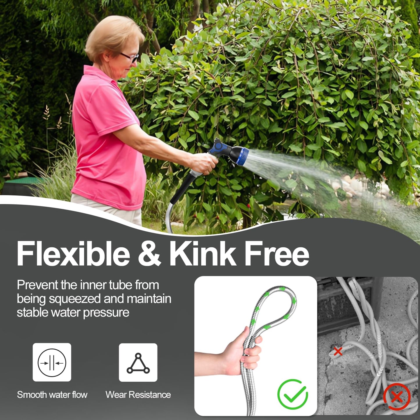 SPECILITE Heavy Duty 304 Stainless Steel Garden Hose 75ft, Outdoor Metal Water Hoses with Nozzle & 10 Pattern Spray Nozzle for Never Kink & Tangle, Puncture Resistant, Flexible, Portable