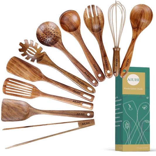 Natural Teak Wood Utensils with Spatula and Ladle (10) - Nonstick Wooden Kitchen Utensils
