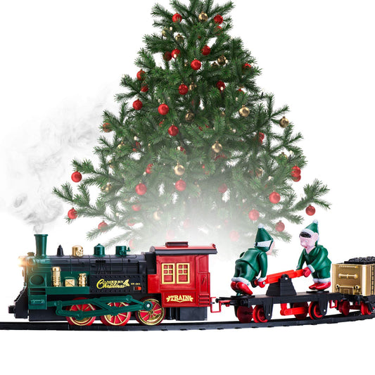 Christmas Train Set for Under The Tree with Lights, and Sounds - Holiday Train Around Christmas Tree w/Large Tracks | Electric Train Set with 160 Inches of Track and 2 Xmas Elves - Black
