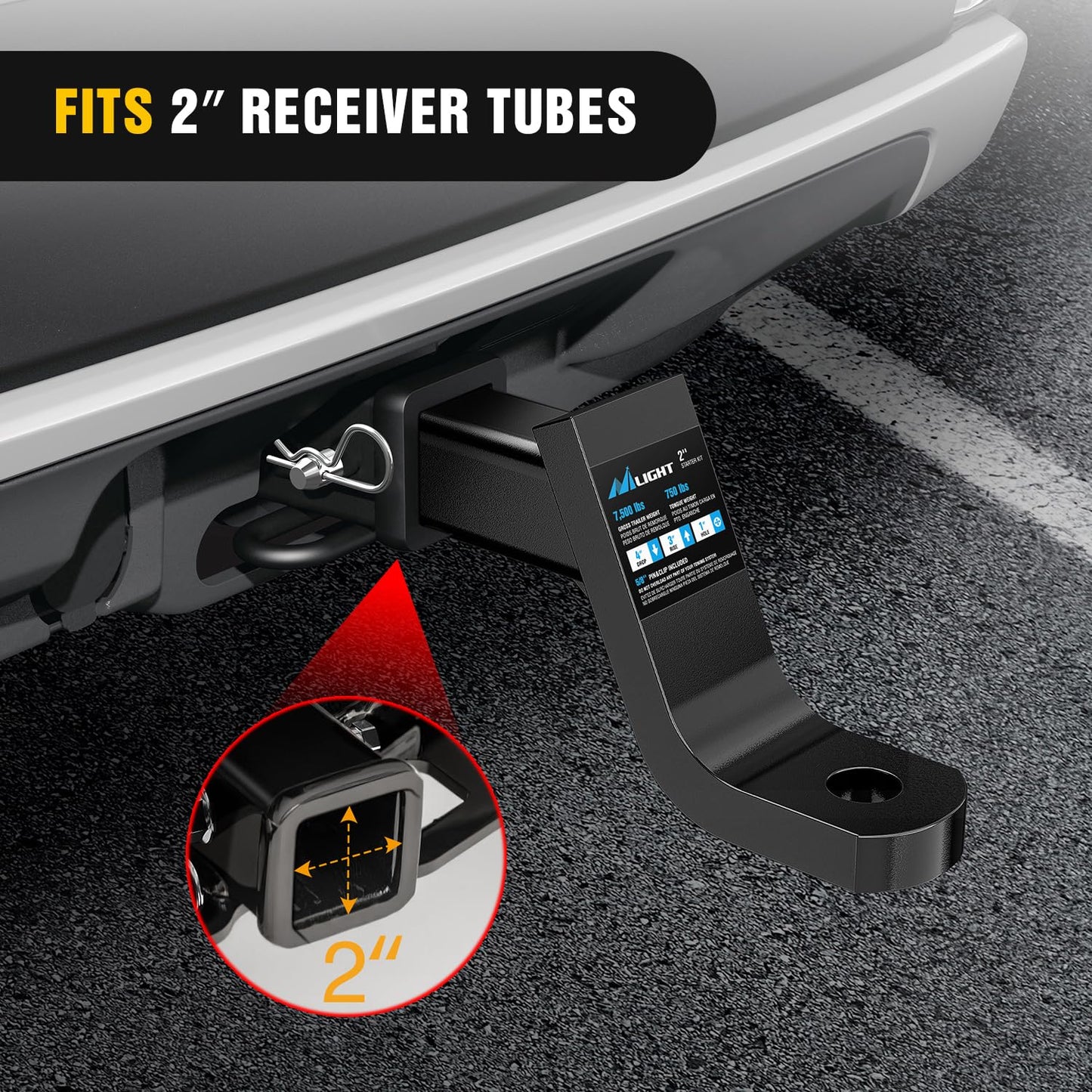 Nilight Trailer Hitch Ball Mount with 5/8" Hitch Pin Clip Fits 2 Inch Receiver Square 7500 lbs 4" Drop, 3” Rise, 1” Hole, Gloss Black Powder Coast