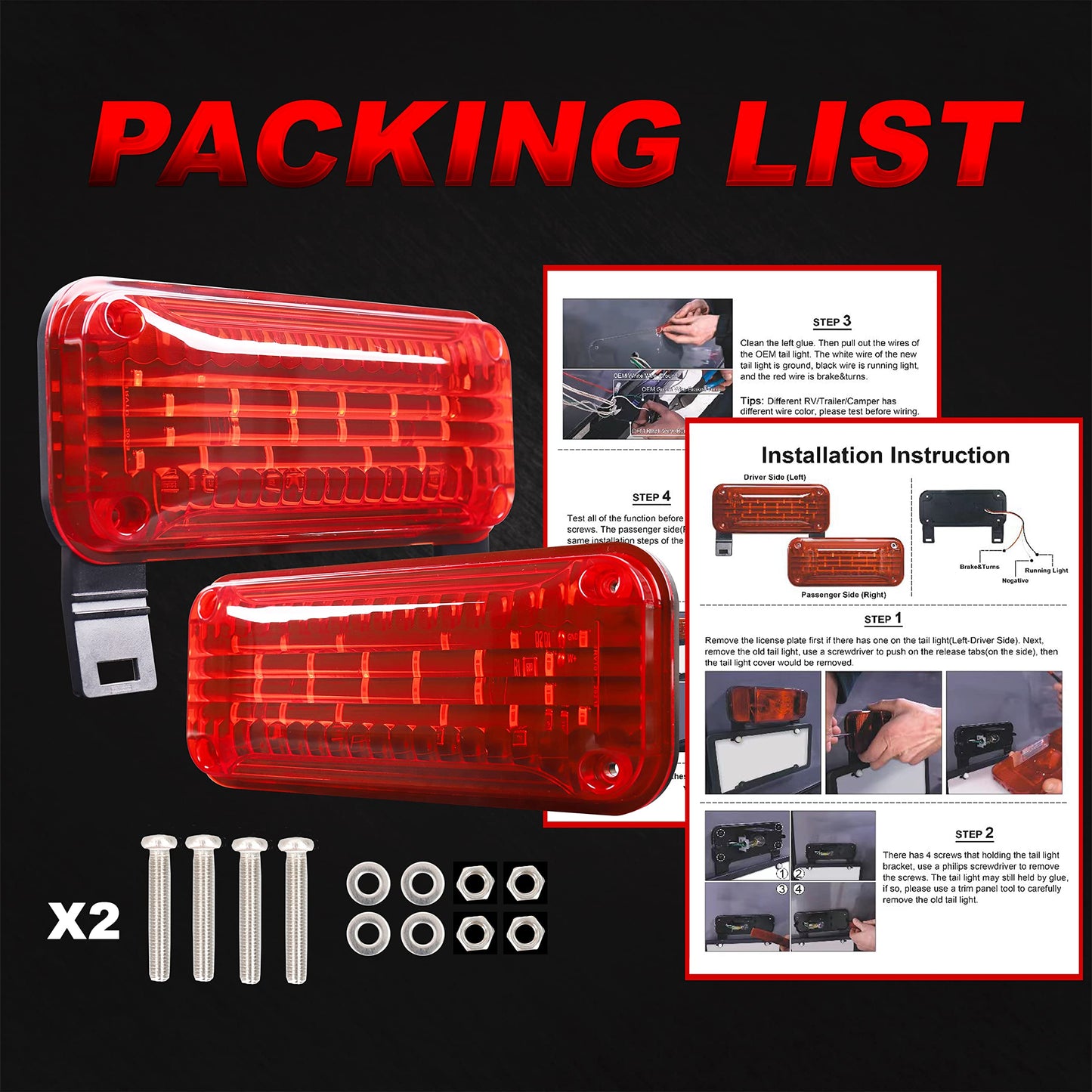 HOYUZA RV Tail Lights,RV Camper Taillights Red Brake Turn Signal White License Plate Light with Reflex Surface Mount Black Base Red Cover