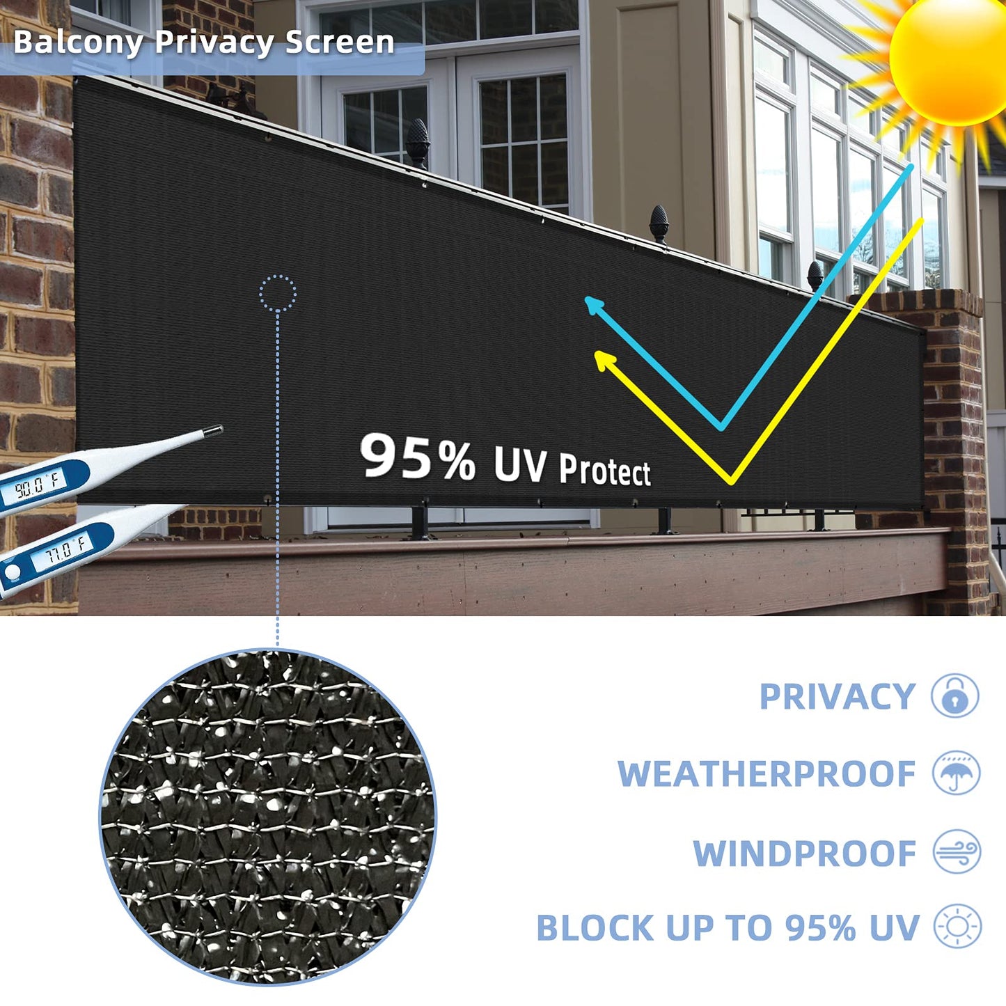 GardenLux 3'x20'Balcony Privacy Screen Cover Fence Cover UV Protection Weatherproof Windscreen Heavy Duty for Patio, Backyard,Black