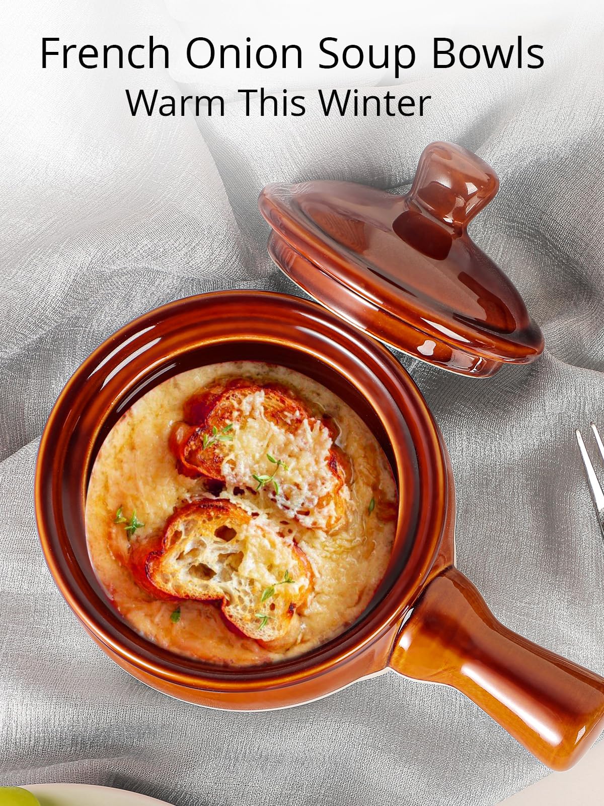 LIFVER French Onion Soup Bowls With Lids - 18 OZ Ceramic Crocks With Handles for Cereal, Chilli, Beef Stew - Oven & Dishwasher Safe, Set of 4