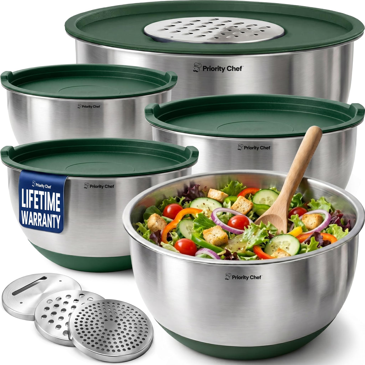 Priority Chef Stainless Steel Mixing Bowls with Lids Set, 3 Grater Attachments, Airtight Lids, Non-Slip Silicone Base Mixing Bowl Set, Large Prep Metal Mixing Bowls for Kitchen, Parent (Green)