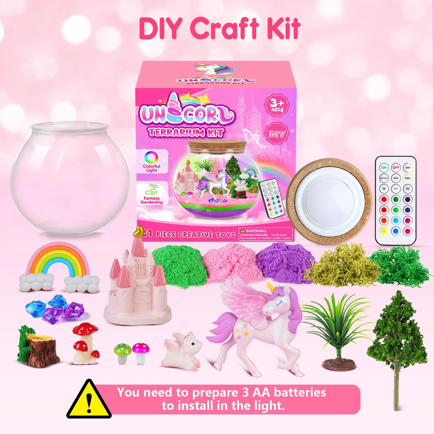RONSTONE Light-Up Unicorn Terrarium Kit for Girls – DIY Arts & Crafts Gift with Remote-Control LED Light – Fun Unicorn Toys for Kids Ages 4 5 6 7 8 9 10 – Birthday for Girls