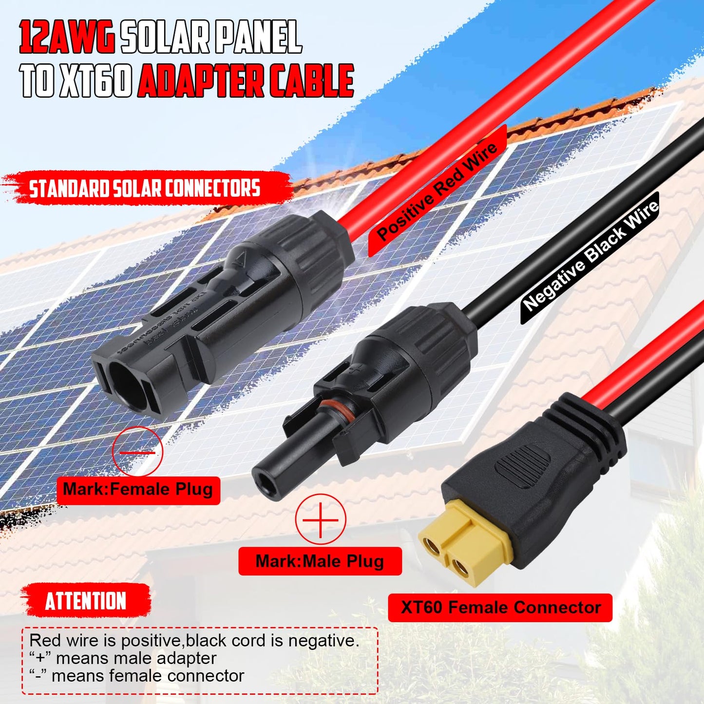 TIPHOPE Solar Connector to XT60 Adapter Extension Cable,12WAG 25FT Solar Panel to XT60 Adapter Cable for Solar Panel to RV Foldable Solar Panel, Portable Power Station, Solar Generator