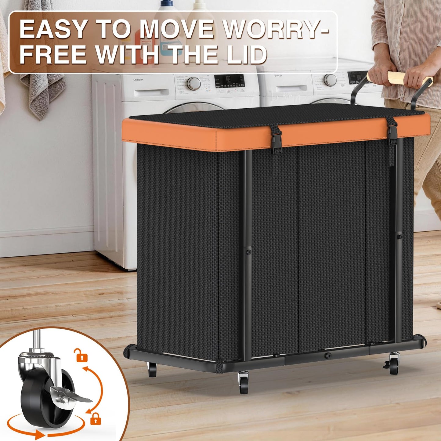 3 Section Laundry Hamper with Lid, 230L High Capacity Laundry Basket Sorter Cart with 4 Wheels, Leather Patchwork Handle for Towel, Cloth Organization