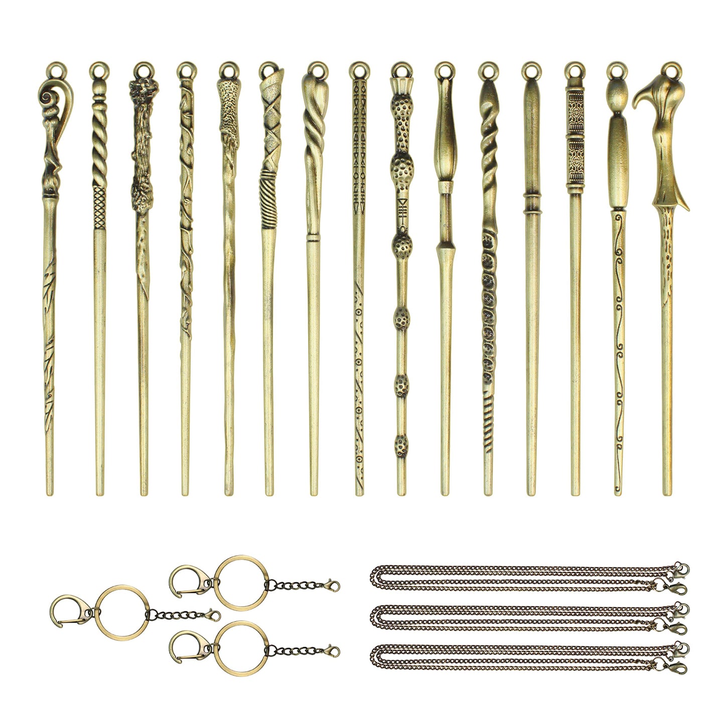 Mini Magic Wand Set 15PCS Wizard Keychain Necklace Collection Wands Kit Witch Keyring Pendant Christmas Ornaments Decorations with Gift Box