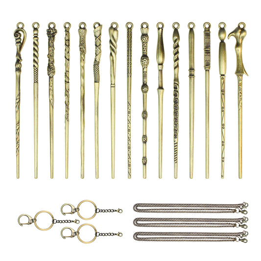 Mini Magic Wand Set 15PCS Wizard Keychain Necklace Collection Wands Kit Witch Keyring Pendant Christmas Ornaments Decorations with Gift Box