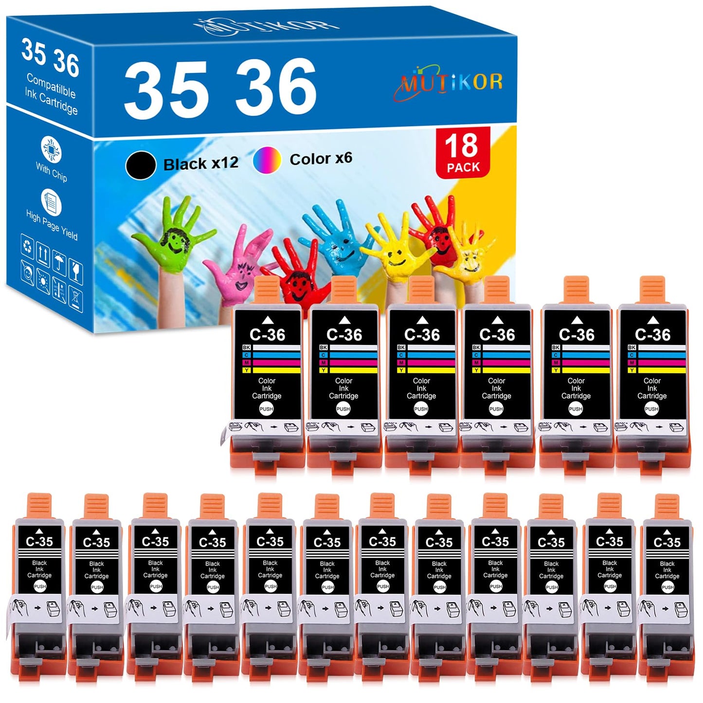 PGI-35 CLI-36 Ink Cartridges Compatible for Canon TR150 TR160 iP100 Printers, Replacement for Canon 35 36 Ink Cartridges (18 Pack, 12 Black & 6 Color)