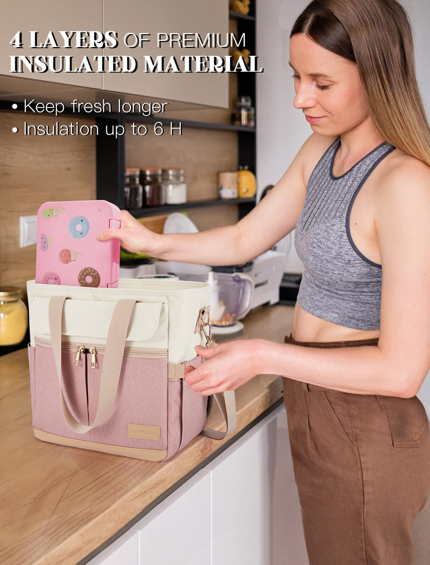 JOYHILL Lunch Bag for Women, Lunch Tote Leakproof Insulated Lunch Box Lunch Container Food Container with Shoulder Strap, Adult Reusable Lunch Cooler Tote Bags for Work Picnic Camping Beach (A-Pink)