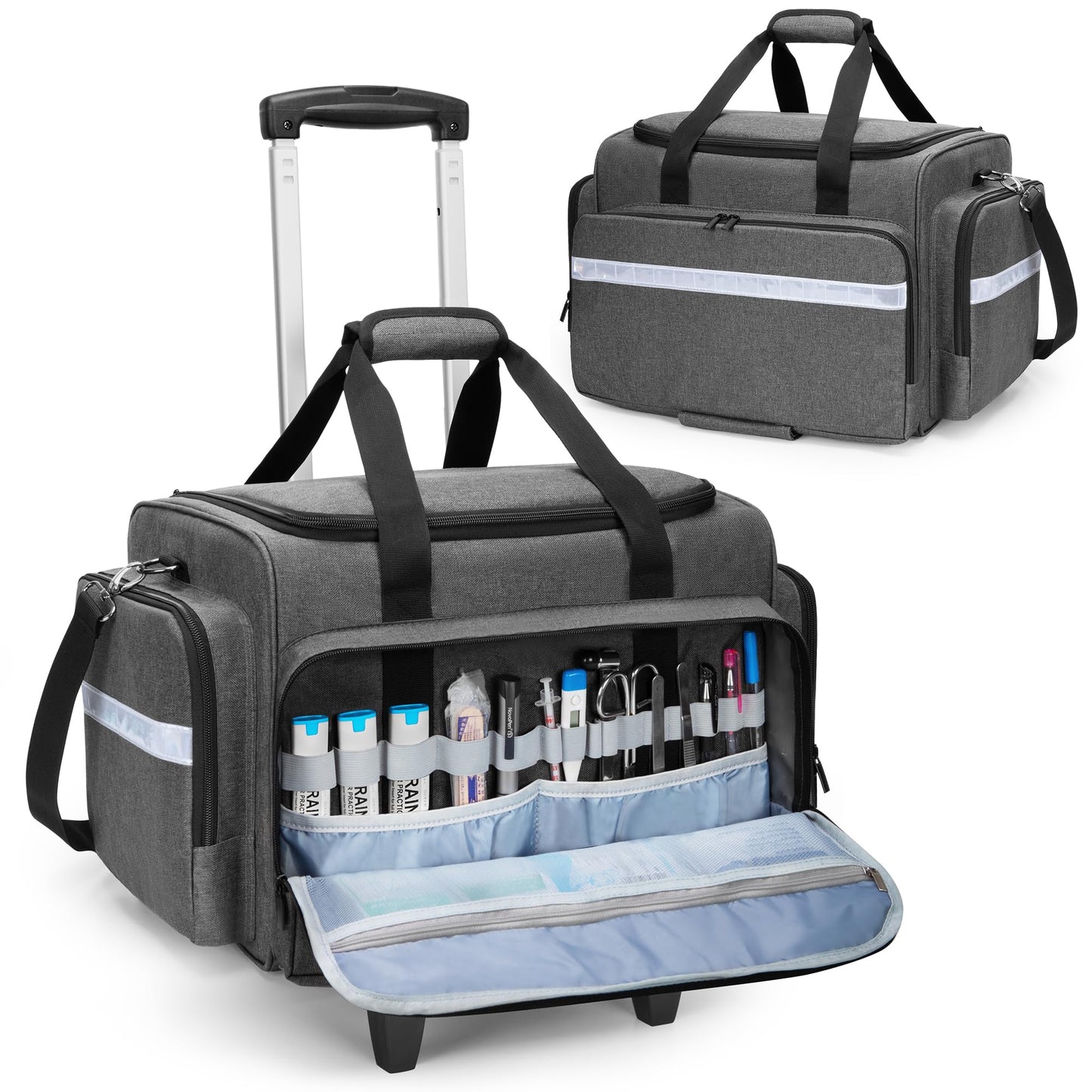 Damero Rolling Medical Bag with Detachable Trolley, Medical Bag on Wheels with Dividers, Medical Equipment Storage Bag for Home Health Nurses, Doctors, EMT, EMS, Gray