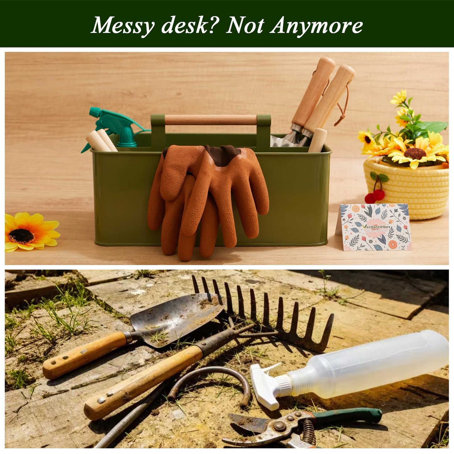VerdantVibes Metal Garden Tool Caddy - Galvanized Organizer Basket with Wood Handle, Waterproof Repotting Mat & 3-Piece Mini Tools - Indoor Gardening Gift Set for Houseplant Lovers Women