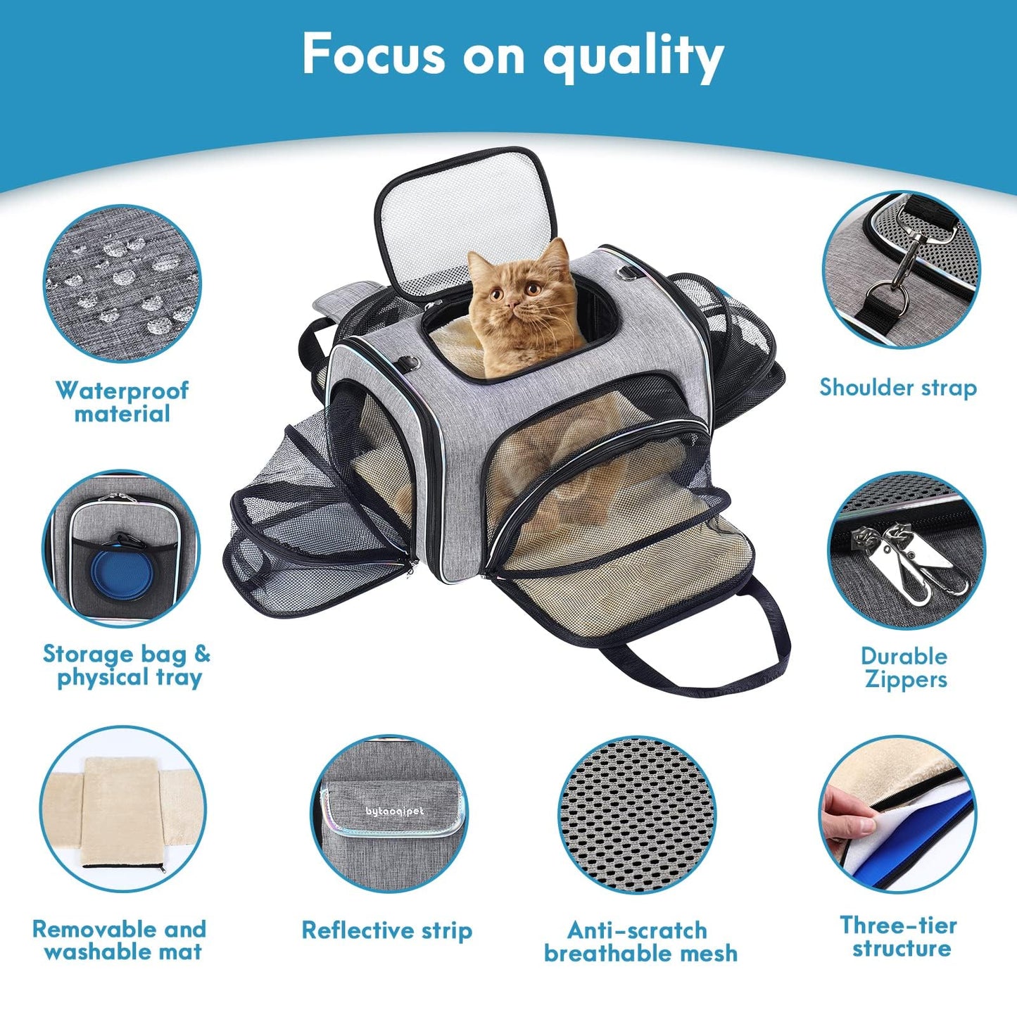 Cat Travel Bag 4 Sides Expandable Pet Carrier Airline Approved Folding Soft Sided Transport Tote Bag for cat