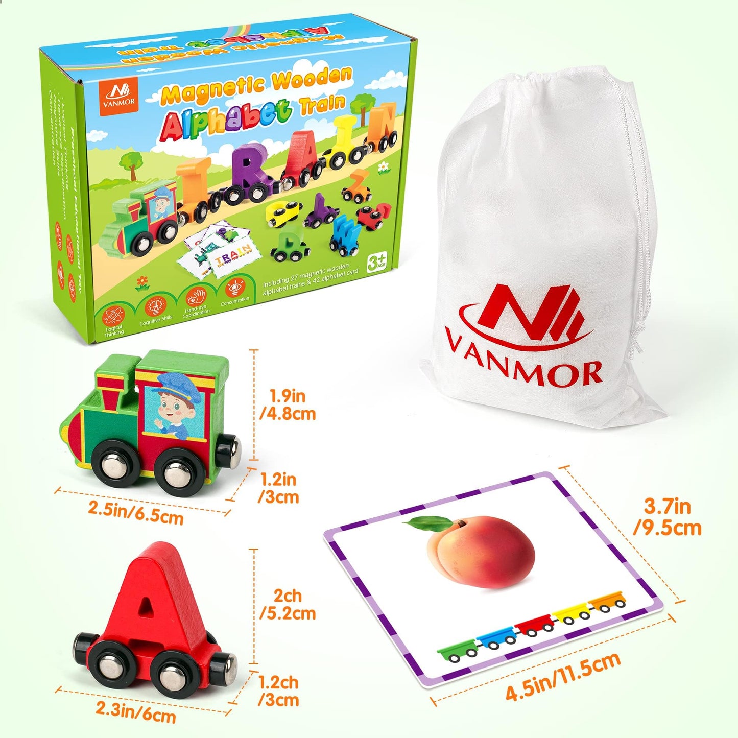 Vanmor 27 Pcs Magnetic Wooden Alphabet Train Set, ABC Learning Toy with 42 Flash Cards & Storage Bag, Fun Educational Toy for Kids Ages 3-7, Interactive Early Development Gift for Boys & Girls
