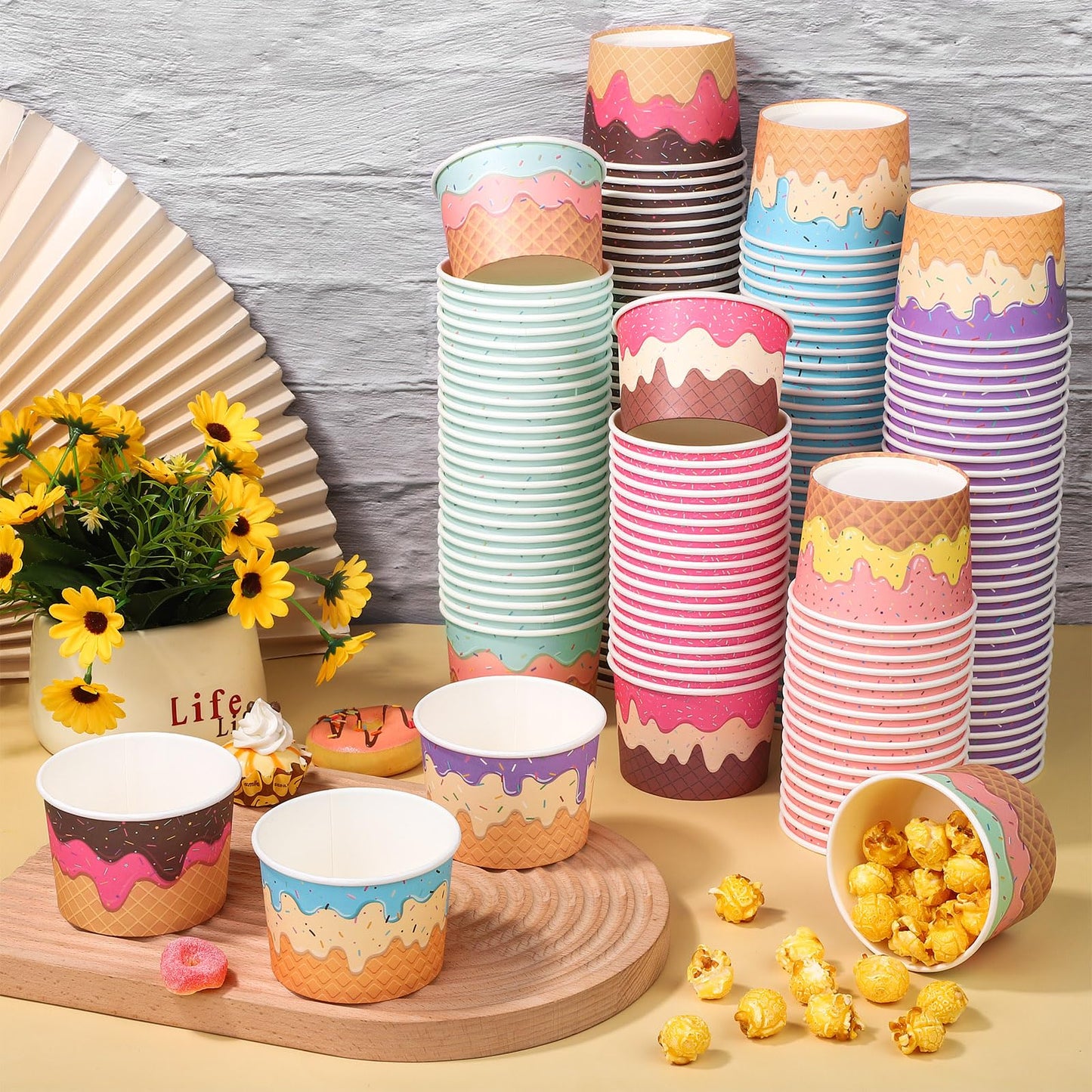 Aodaer 300 Pack 8 Ounces Disposable Ice Cream Containers Sundae Bowls Tea Party Decorations Summer Snack Cups Paper Dessert Yogurt Cups for Party Bar Supplies (Waffle)