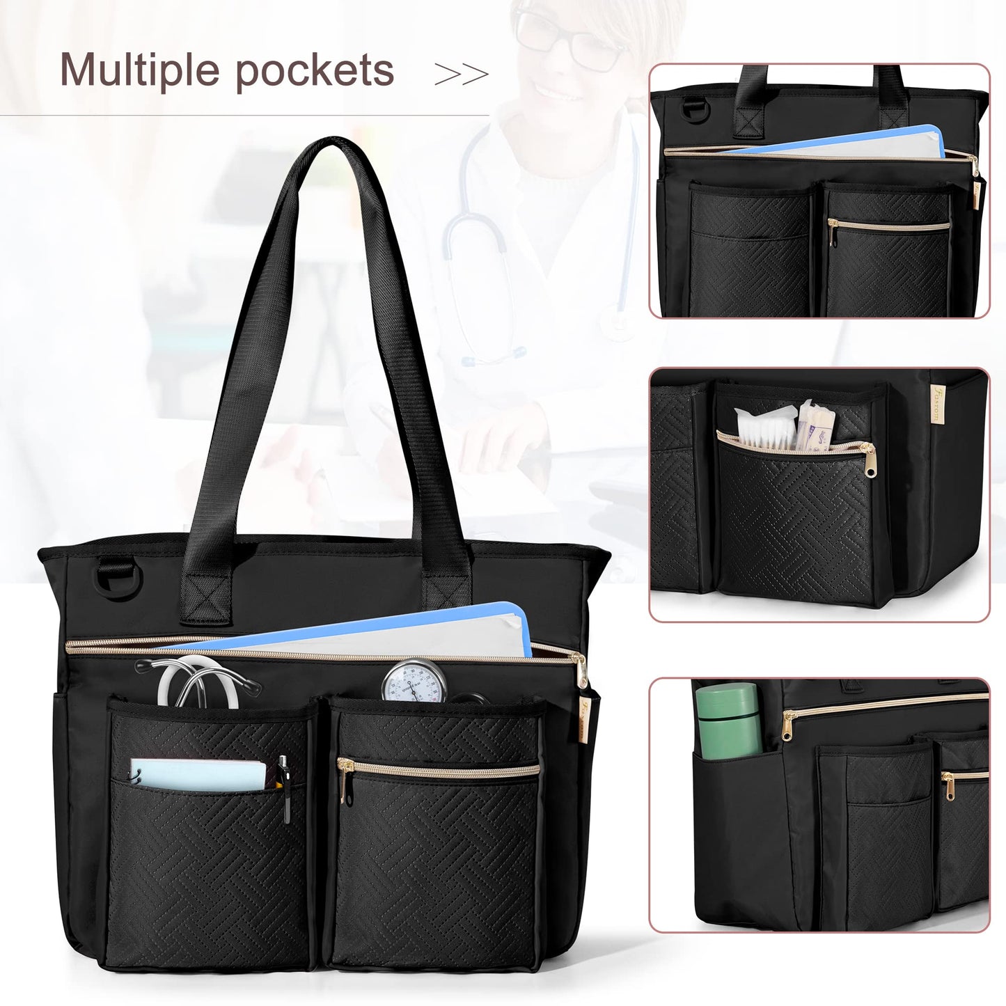 Fasrom Nurse Tote Bag for Work Nurses with Laptop Sleeve, Home Health Clinical Bag for Nursing Students and Medical Assistant, Black (Patent Design)