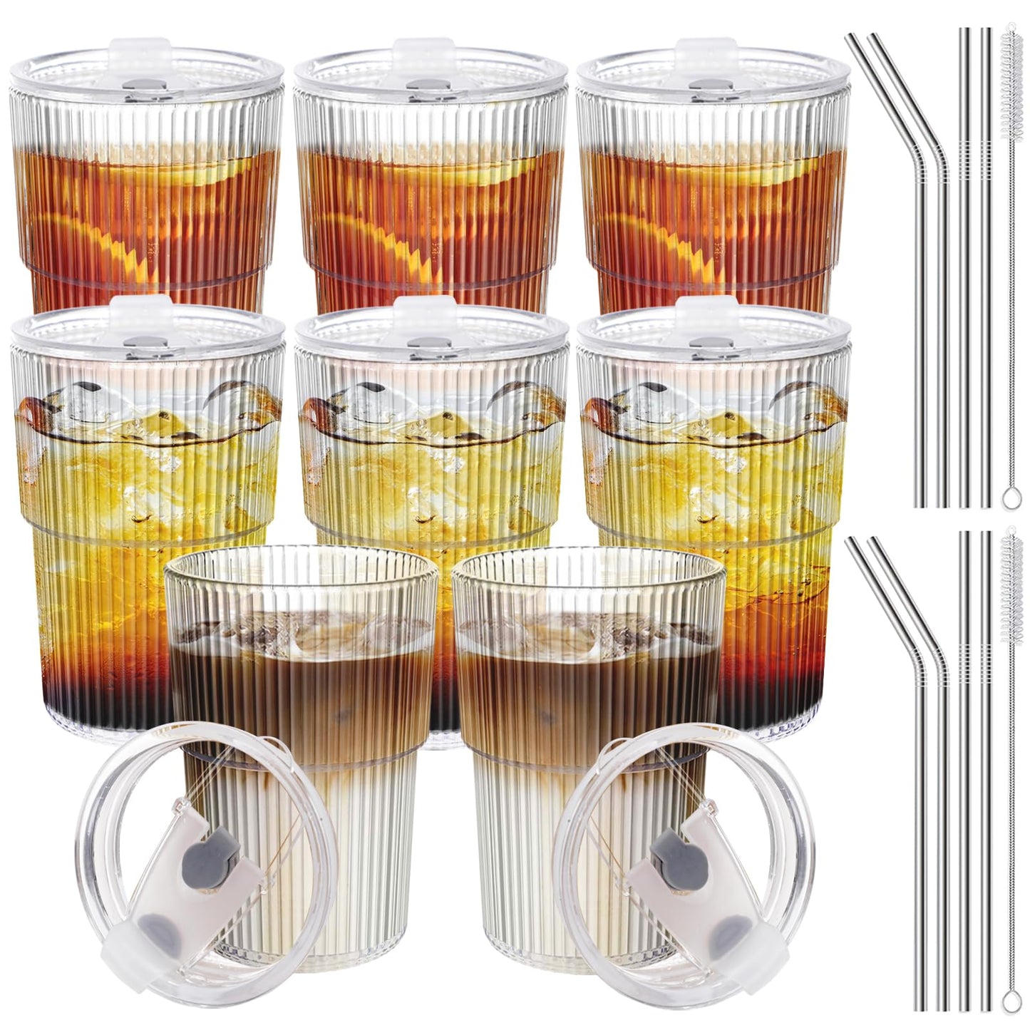 VAIIGO 16 OZ Iced Coffee Cups with Lids and Straws Set of 8, Reusable Iced Coffee Glass Unbreakable Plastic Drinking Glasses for Tea, Juice, Water, BPA Free, Dishwasher Safe