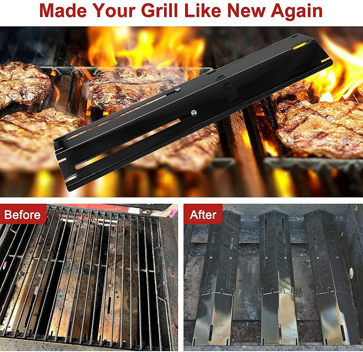 Universal Adjustable Grill Heat Plates/BBQHeat Tents/Burner Covers/Heat Deflectors/BBQ Grill Heat Shields/Grill Cover Plates for Gas Grill, Porcelain Steel Gas Barbecue Grill Replacement Parts, 4-Pack