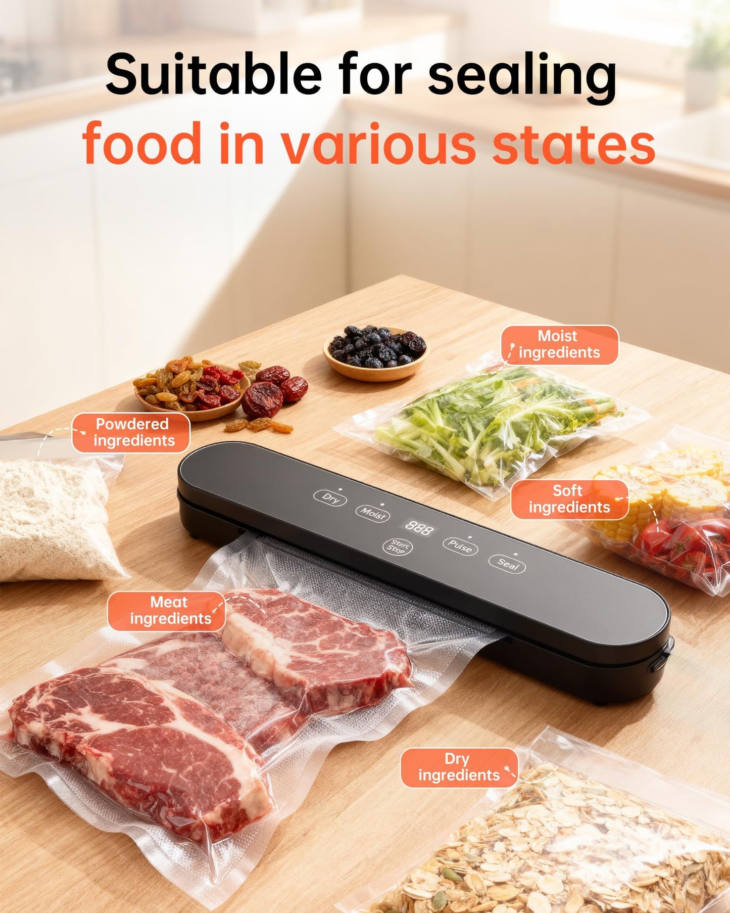 Vacuum Sealer, Automatic Food Preservation System with Digital Display, 75Kpa Super Suction Power, 20 Food Preservation Bags Included, Dry/Moist Food Modes, One-Touch Operation