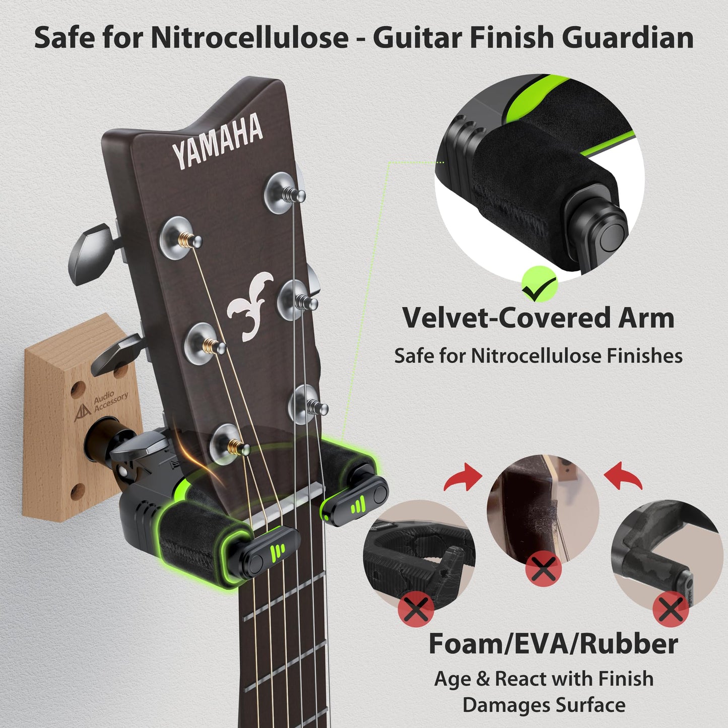 AA AUDIO ACCESSORY Guitar Wall Mount Autolock - Nitro Friendly Velvet Hook (Heavy-Duty Design) 4-Screw Wood Base of 20lbs Load Guitar Wall Hanger for Bass, Acoustic, Classical, Electric Guitar