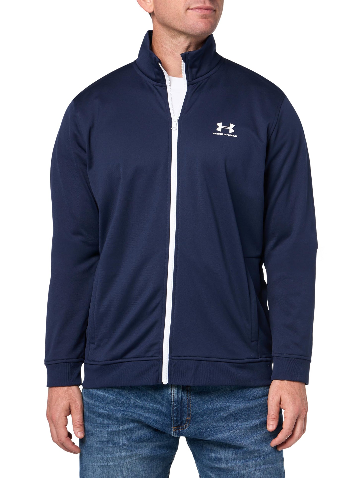 Under Armour Men's Sportstyle Tricot Jacket, (410) Midnight Navy / / White, Medium