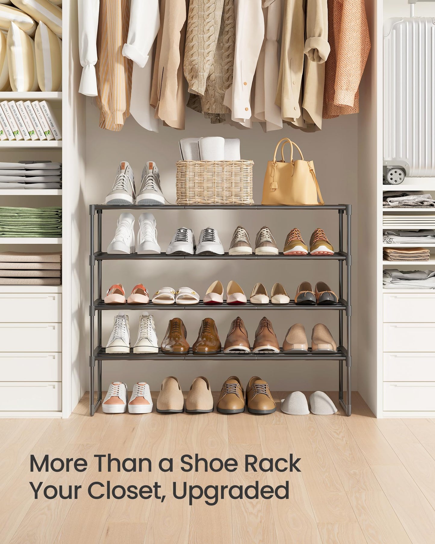 SONGMICS Shoe Rack, 4-Tier Shoe Organizer, Sturdy Storage Shelf, Upright or Upside Down, for 20-25 Pairs, Stackable, for Entryway, 30 x 92 x 75 cm, Black ULSA14BK