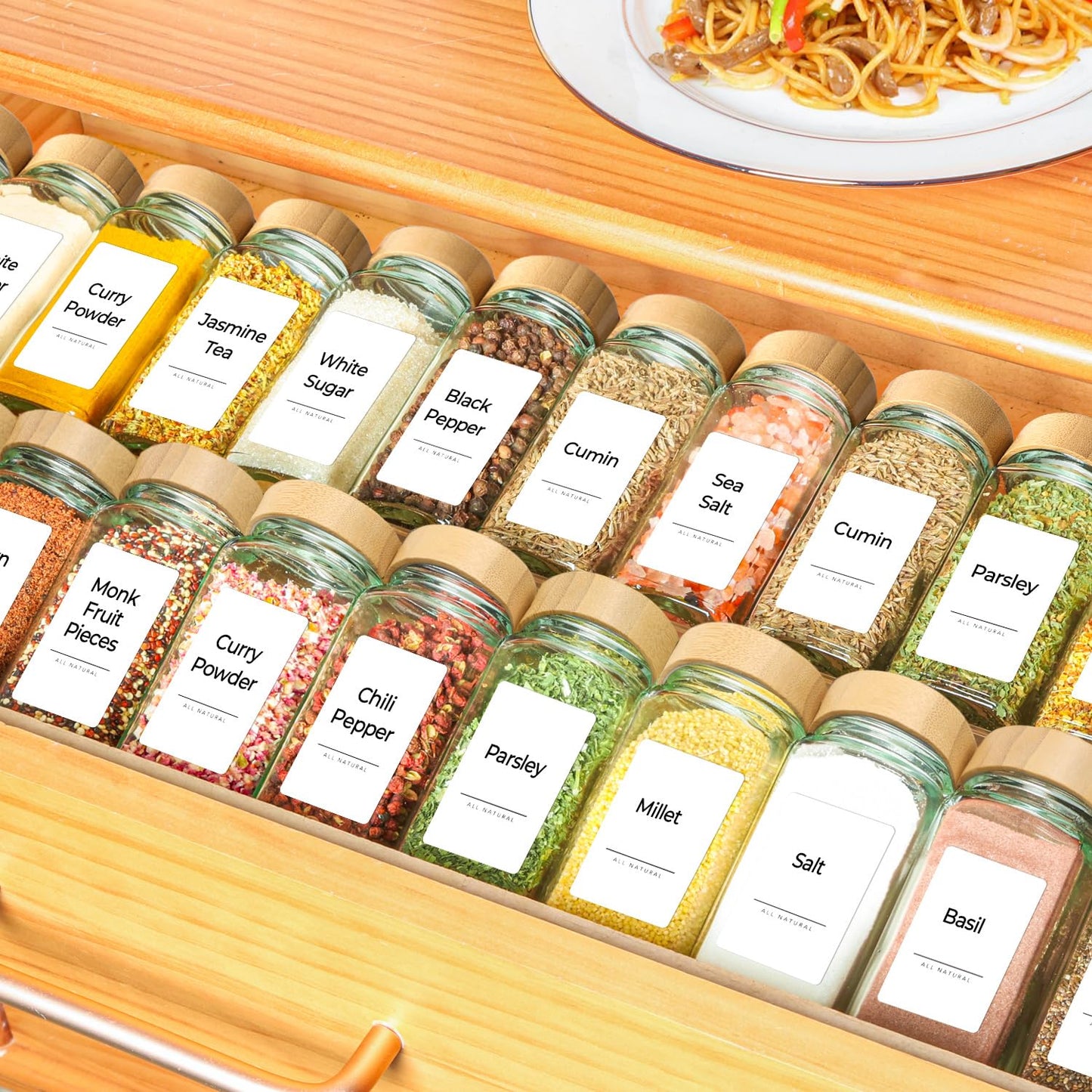 ComSaf 4oz 24Pcs Glass Spice Jars with Bamboo Lids, Empty Spice Containers with 93 Labels, Square Seasoning Containers Trial and Supplement Set, Small Seasoning Bottles for Salt, Herbs, Sugar, Pepper
