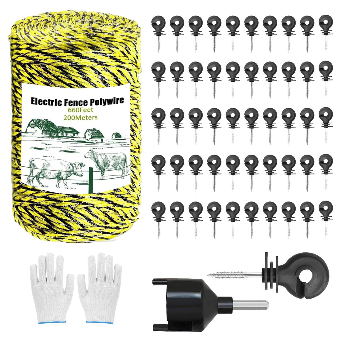 Electric Fence Polywire 660ft, with 50 Electric Fence Insulator and 1 Pcs Insulator Socket Tool, High Conductivity Weatherproof Rust Resistance 6 Steel Strands Electric Fence Wire, for Farm, Pasture