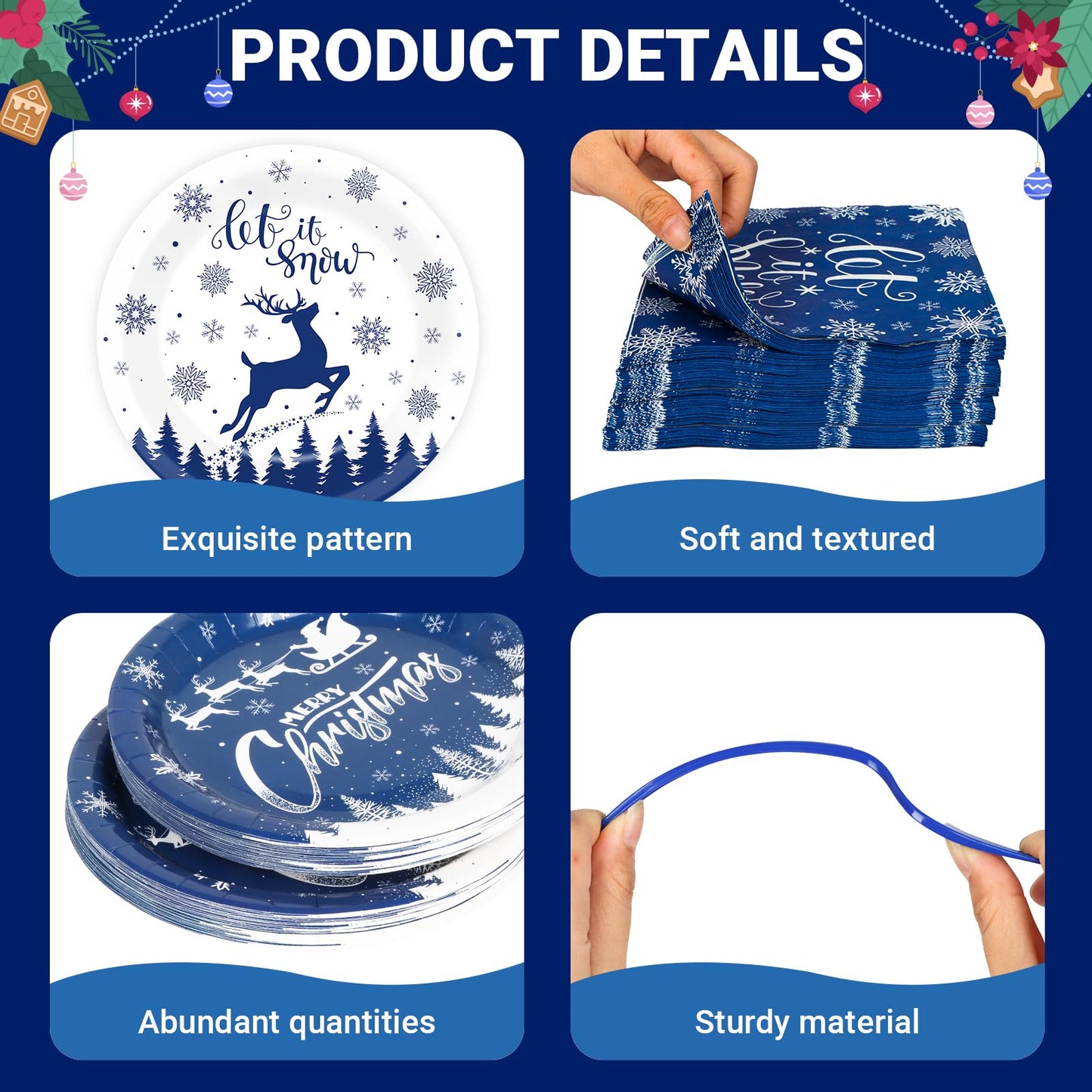 200Pcs Christmas Plates and Napkins Blue Merry Christmas Tableware Set Let it Snow Reindeer Snowflakes Dinnerware Set for Xmas Party Decorations Winter Holiday Birthday Party Serve 50 Guests