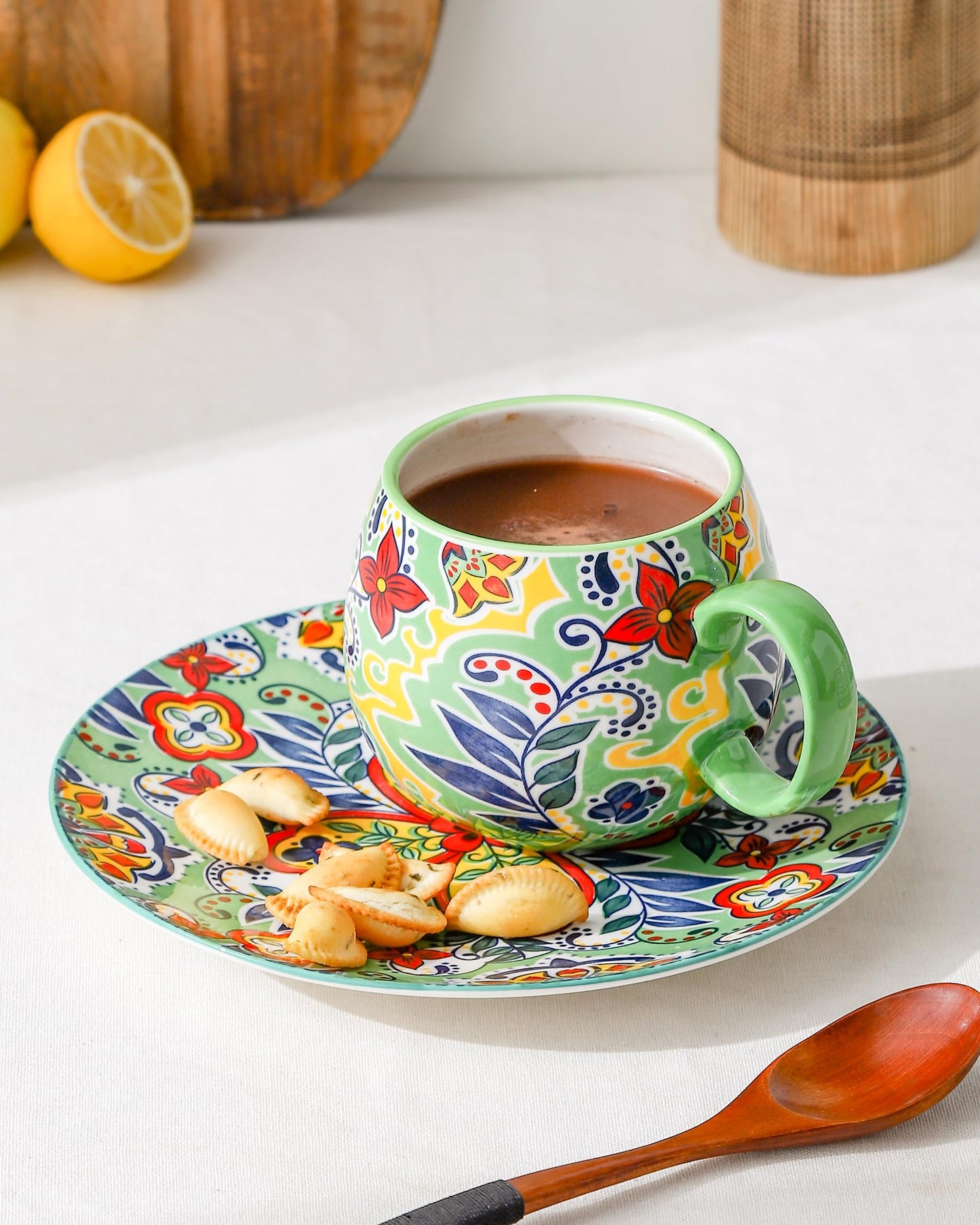 Porcelain Coffee Mugs 20 Ounce - Multicolor Cups for Latte, Hot Tea, Cappuccino, Cocoa, Soup, Dishwasher, Microwave Safe, Christmas Gift Set of 6 - Bohemian Style
