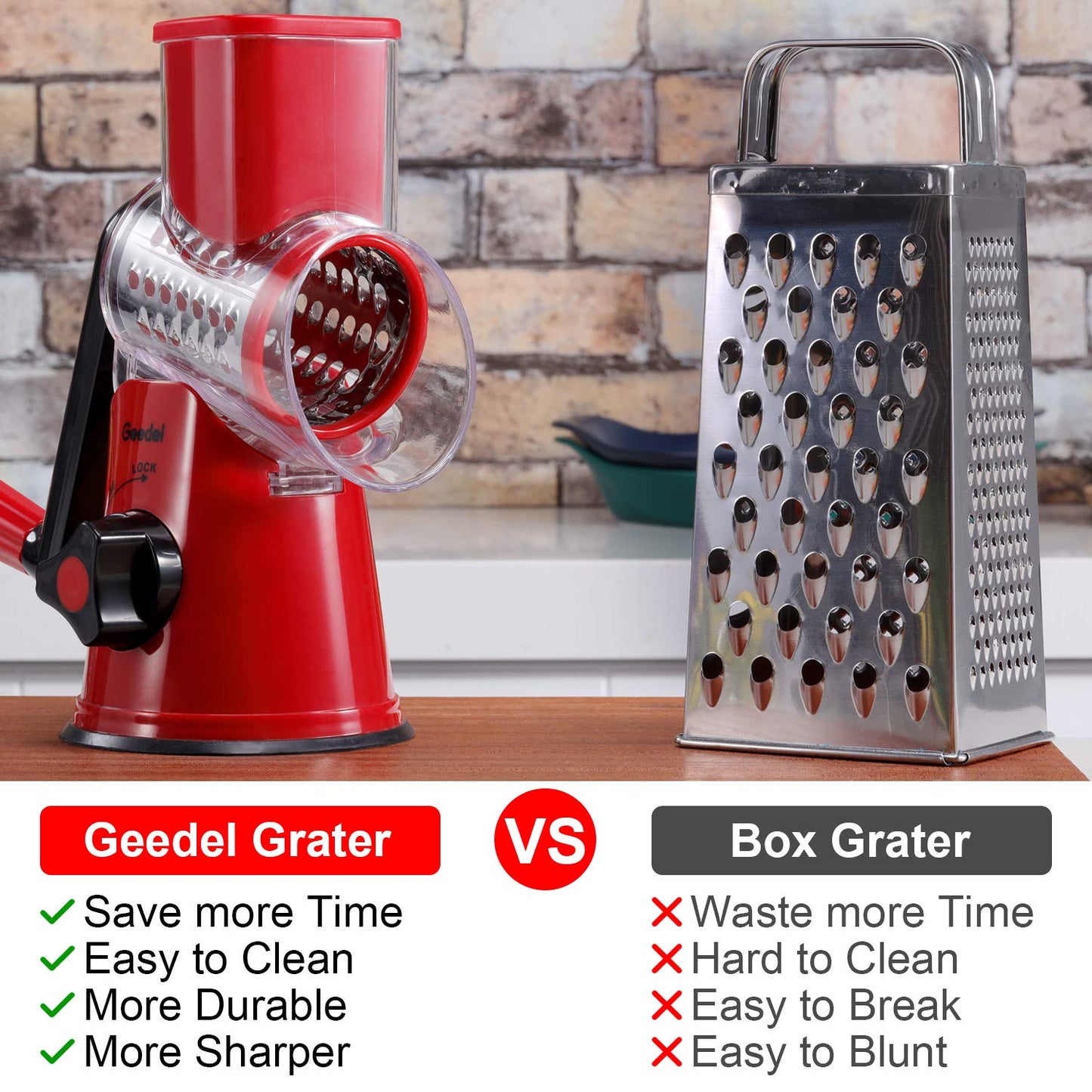 Geedel Kitchen Cheese Grater, Rotary Mandoline Vegetable Slicer with Interchangeable Blades, Easy to Use Rotary Grater Slicer for Fruit, Vegetables, Nuts