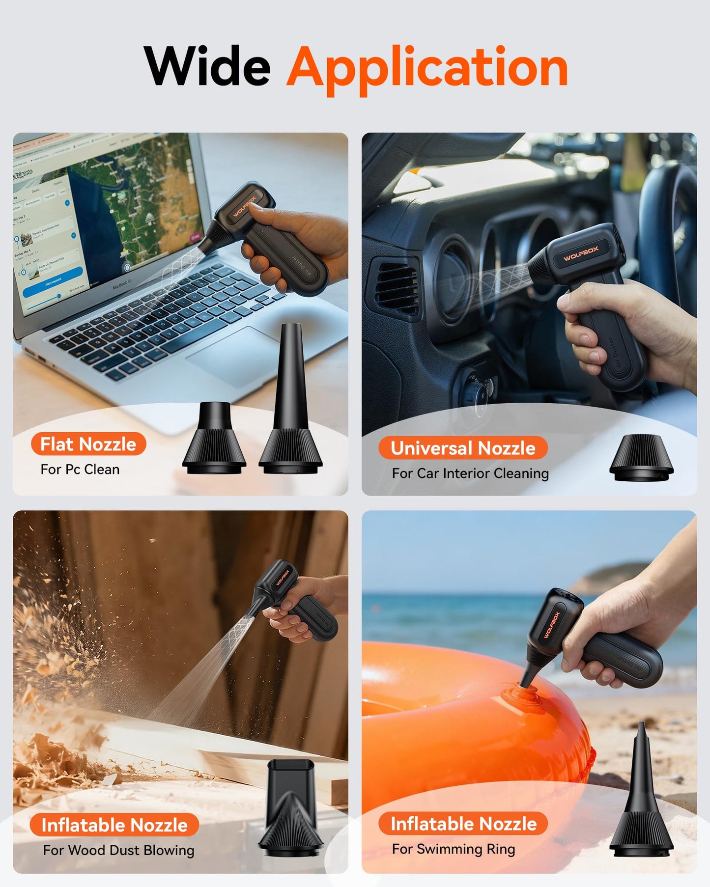 WOLFBOX MF60 Compressed Air Duster -110000RPM Super Power Electric Air Duster, 3-Speed Adjustable Rechargeable Cordless Air Blower with Fast Charging for PC Keyboard Cleaning, Car, Home, 5 Nozzle