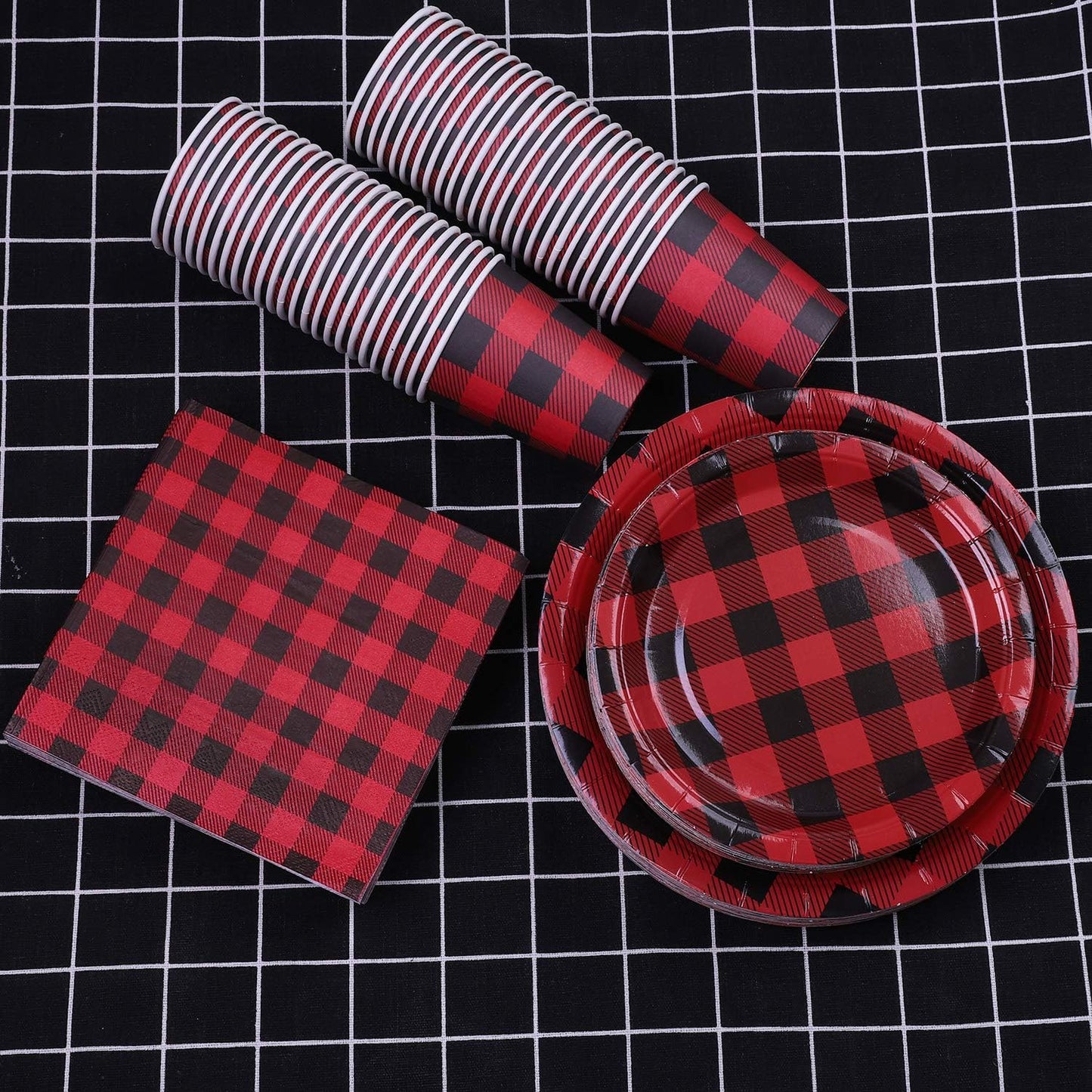 Aneco 200 Pieces Red and Black Buffalo Plaid Dinnerware for 50 Guests Disposable Buffalo Check Paper Plates Cups and Napkins Tableware for Baby Shower Party Decorations