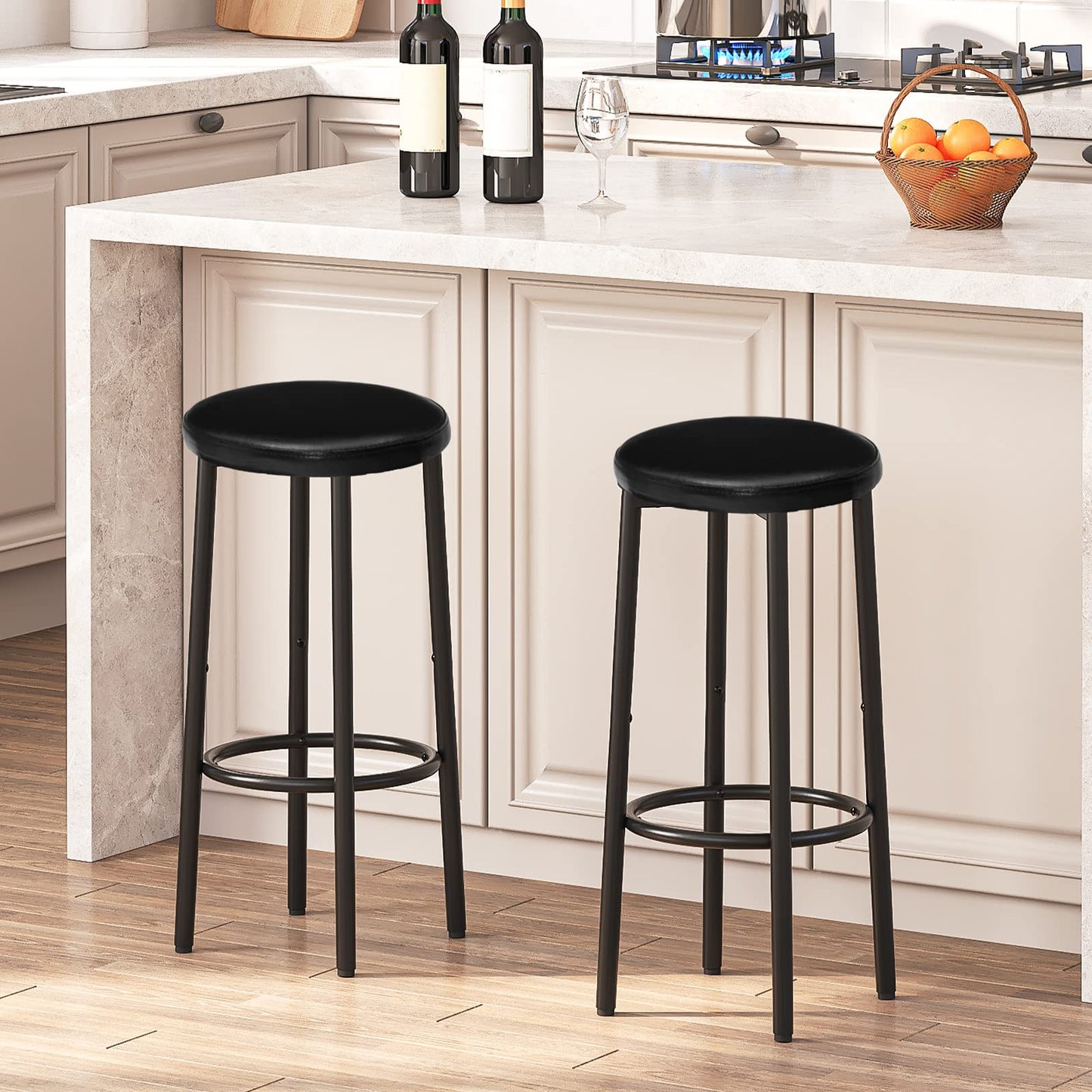HOOBRO Bar Stools, Set of 2 Bar Chairs, 31 cm PU Upholstered Counter Bar Stools, Breakfast Stools with Footrest, Easy Assembly, for Kitchen, Dining Room, Cafe, Black BB30BY01