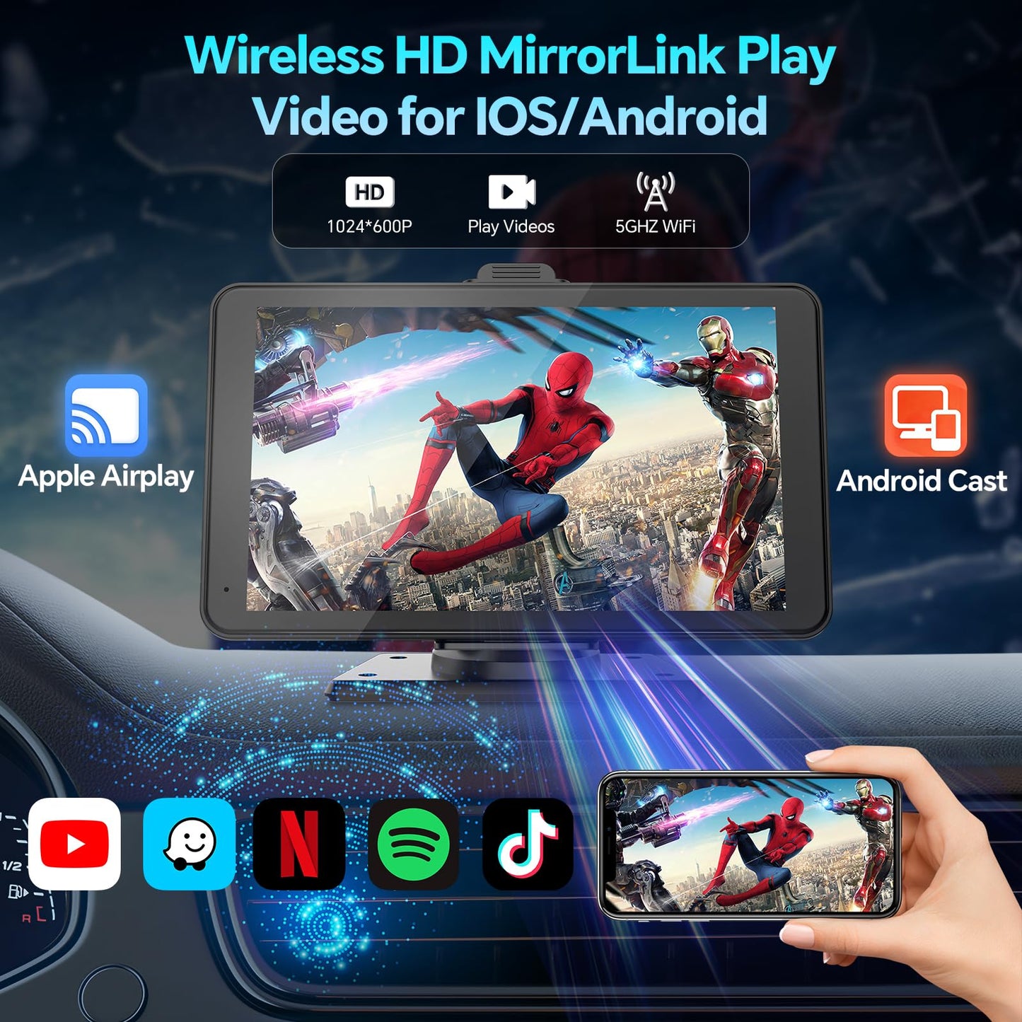 Car Play, Wireless Car Stereo for Apple Carplay, 7"HD Portable Touchscreen Android Auto Carplay Screen for Cars,Audio Receiver/Car Radio with Bluetooth,FM,AUX,Voice Control,Live Navigation,Mirror Link