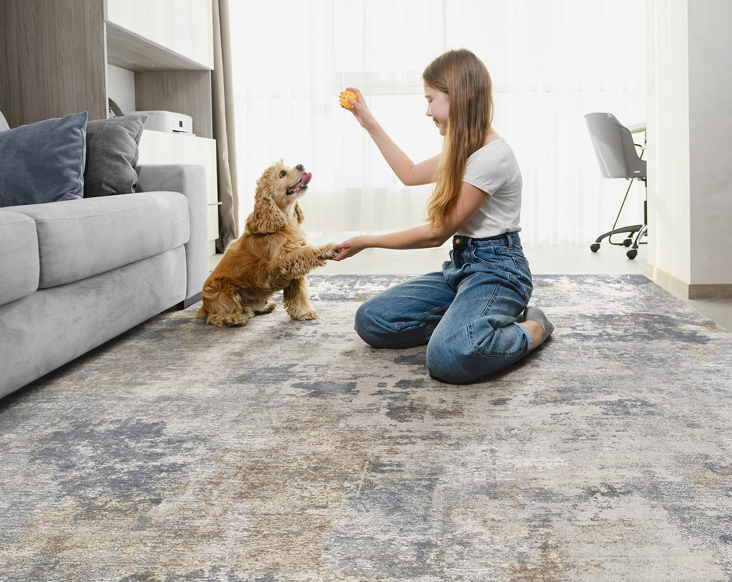 UERMEI 5x7 Area Rug Living Room Rugs - Washable Neutral Modern Abstract Soft Thin Large Rug Indoor Floor No Slip Rug Carpet for Bedroom Under Dining Table Home Office Decor - Blue Grey