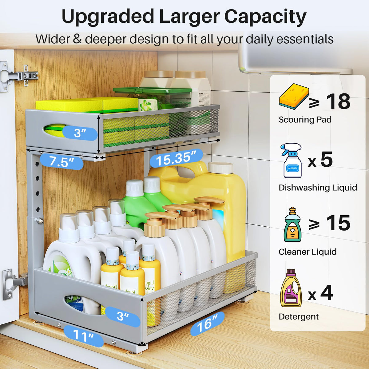 Under Sink Organizer, 2 Pack 2 Tier Pull Out Under Cabinet Organizer Shelf with Pad for Framed Cabinets, Metal Slide Out Under Sink Storage, Mesh Sliding Drawers for Kitchen Bathroom Laundry, Grey