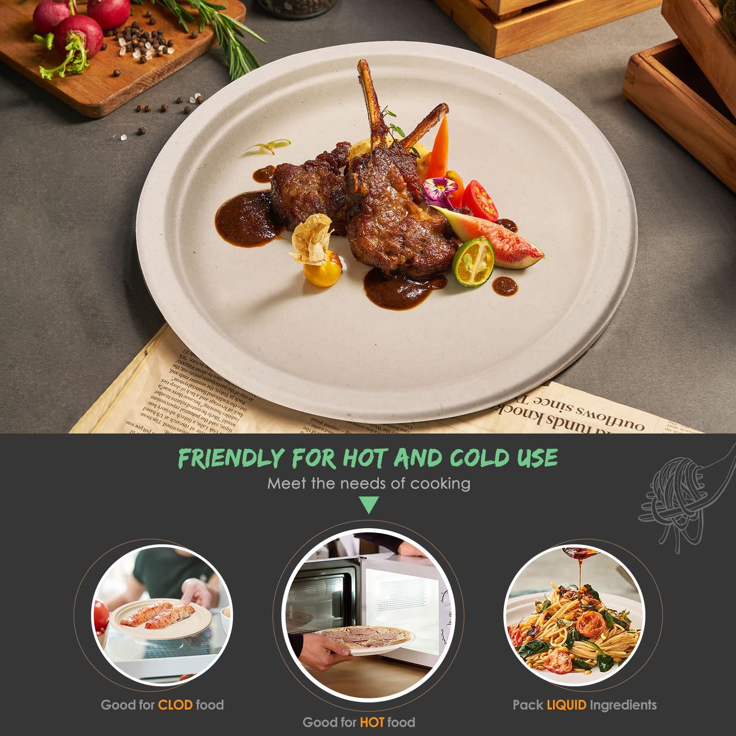 Gezond Compostable Paper Plates Set 300 Pieces Disposable Plates 10-inch Eco-Friendly Paper Plates Heavy-Duty Utensils and Napkins for Party, Made from Sugarcane Pulp