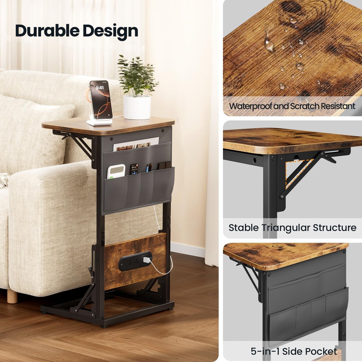 HLDIRECT C Shaped End Table with Charging Station Side Table Living Room with Storage Bag for Couch, C Shaped Side Table with Foldable Function Couch Table for Living Room Bedroom, Brown