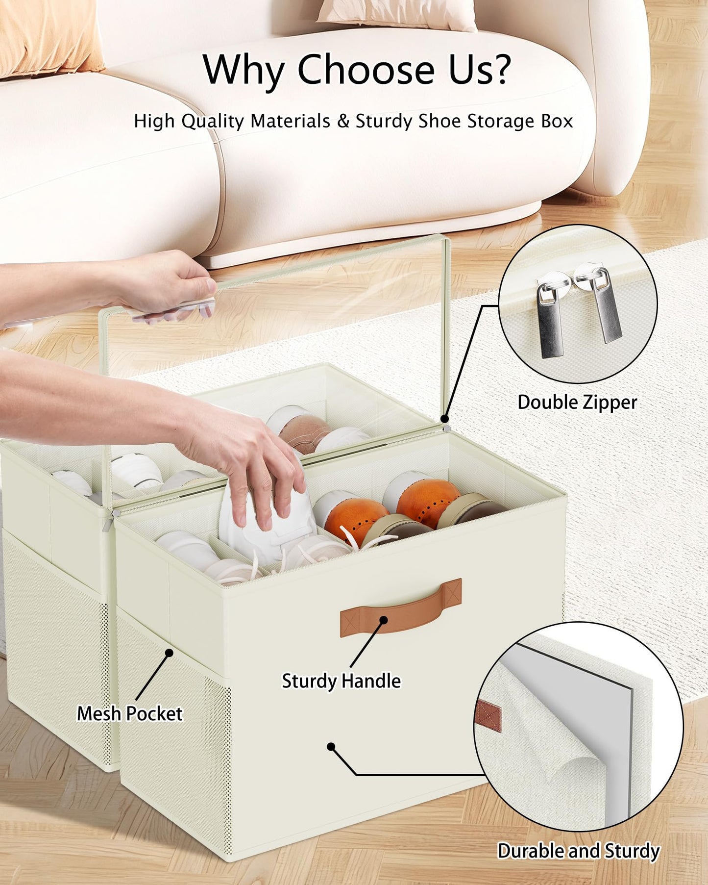 Oterri 2 Pack Shoe Storage Boxes, Shoes Organizer Bins Stackable Detachable Fit for Narrow Closet Shelves and Tight Corners, Shoeboxes with Clear Lids, Mesh Pockets and Sturdy Handles(Beige)
