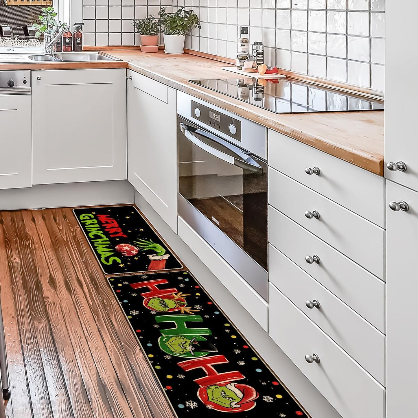 Christmas Kitchen Mats Sets of 2, Winter Xmas Kitchen Rugs Non Skid Washable Doormat Farmhouse Style Decor Mats for Floor 17x29 and 17x47 Inch DM106