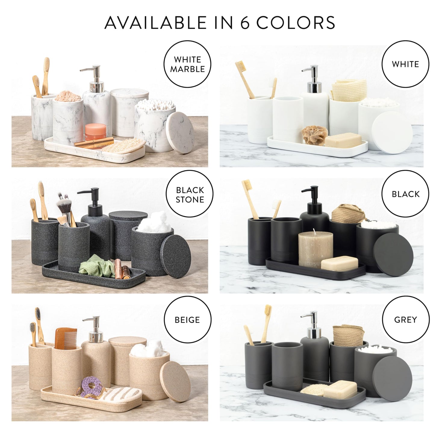 zccz Beige Bathroom Accessory Set 6 Pcs - Soap Dispenser, 2 Qtip Holder Dispenser, Toothbrush Holder, Vanity Tray, Bathroom Tumbler - Decorative Countertop Vanity Organizer - Accessoire Salle De Bain