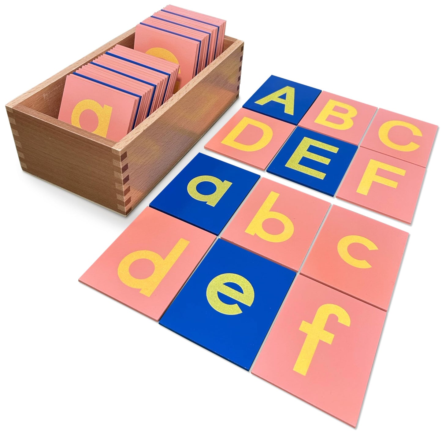 Delmach Montessori Sandpaper Letters | Lowercase and Uppercase | PP Wood Tiles | Vowel Consonant Color Coded | Includes Storage Box