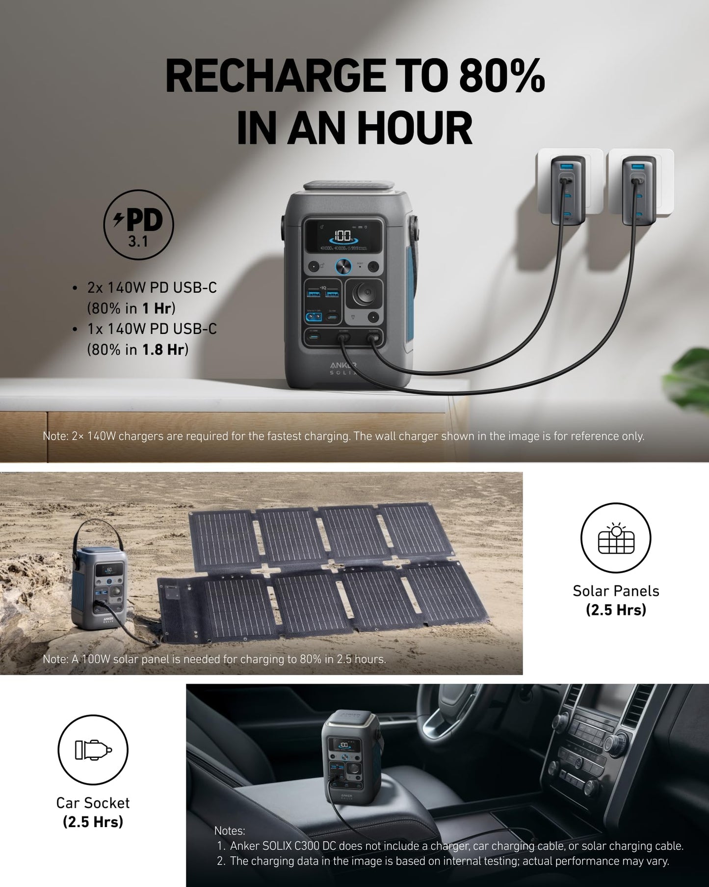 Anker SOLIX C300 DC Power Bank Station, Outdoor 288Wh Portable Power Station, LiFeP04 Battery, 300W Solar Generator, for Camping, Traveling, and Emergencies (No Wall Charger Included)