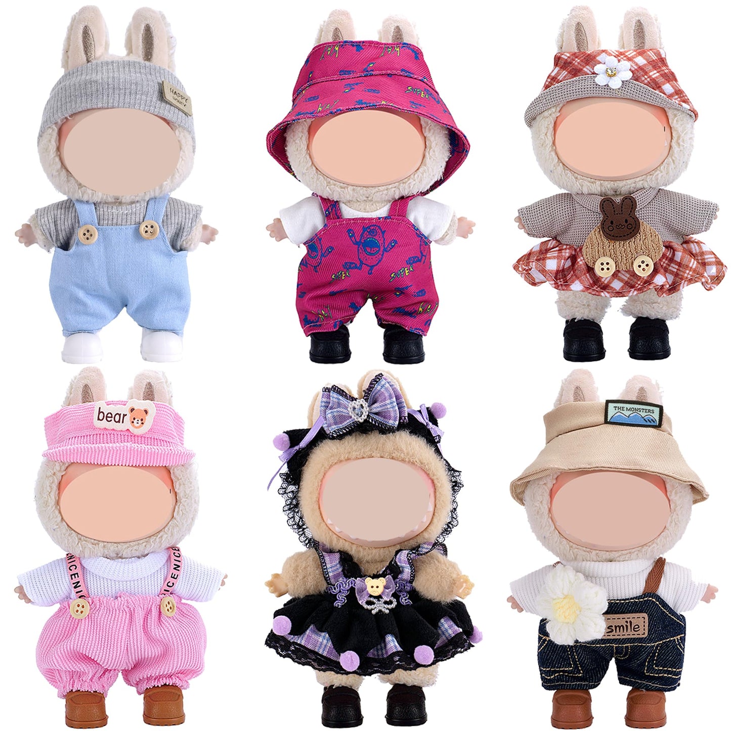 ebuddy 6 Sets Doll Clothes for 17 cm Plush Doll - Fashion Overalls Ensemble Adorable Outfits Collection (Clothes Only)