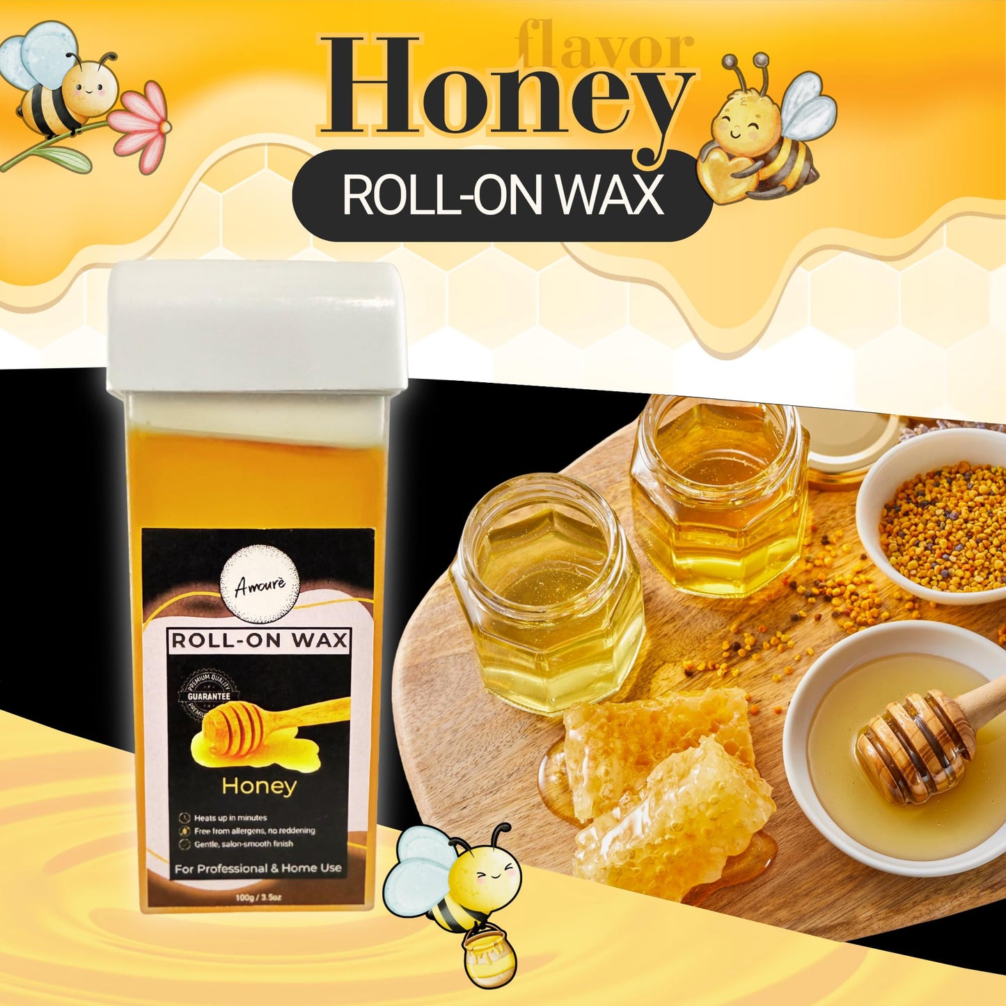 Amourè Roll-On Wax Kit – Honey Wax Cartridges Pack of 6 with 30 Free Strips | Professional Waxing Kit for Smooth Skin | Easy Roll-On Hair Removal for Women & Men