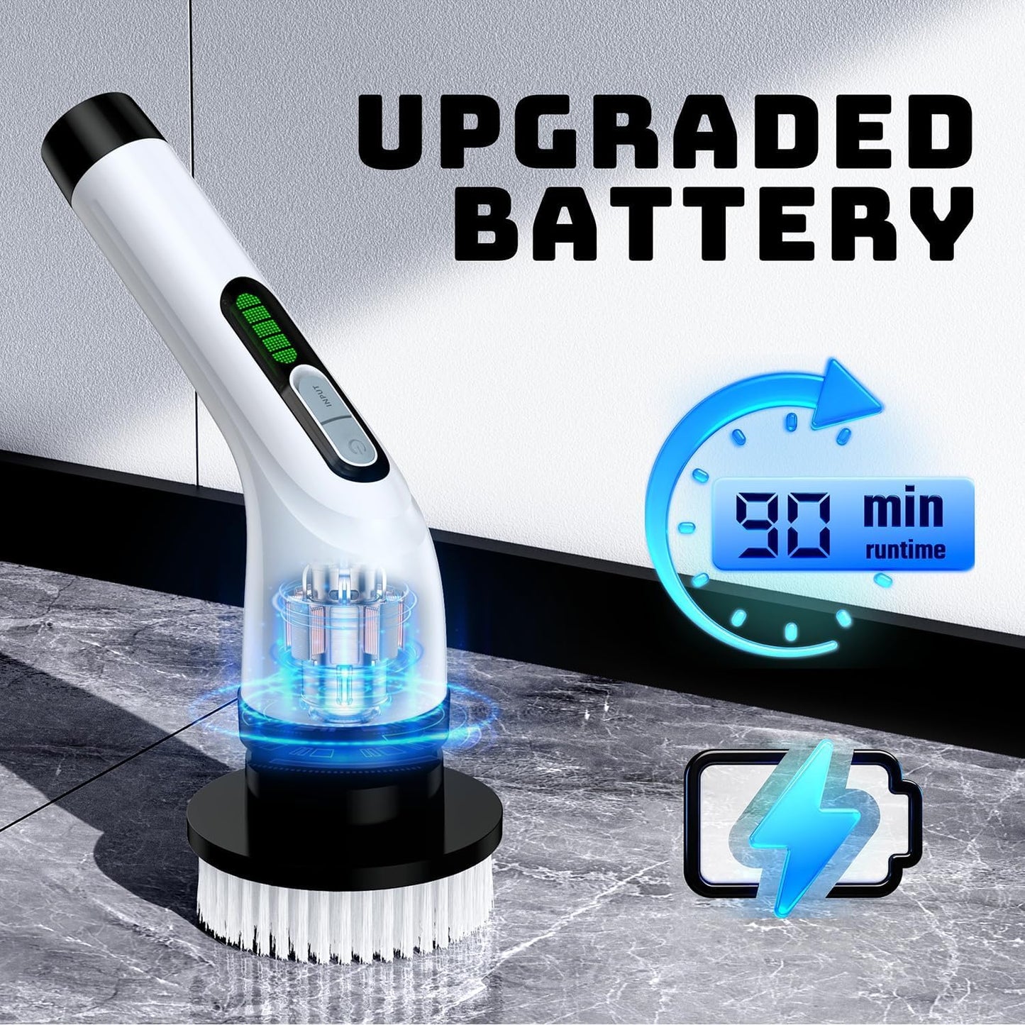 Electric Spin Scrubber for Bathroom: Shower Scrubber with Long Handle, Dual Speed Cordless Power Cleaning Scrub, 7 Brush Heads, IPX7 Waterproof Heavy Duty Cleaner Tools for Tub Tile Grout Wall(White)