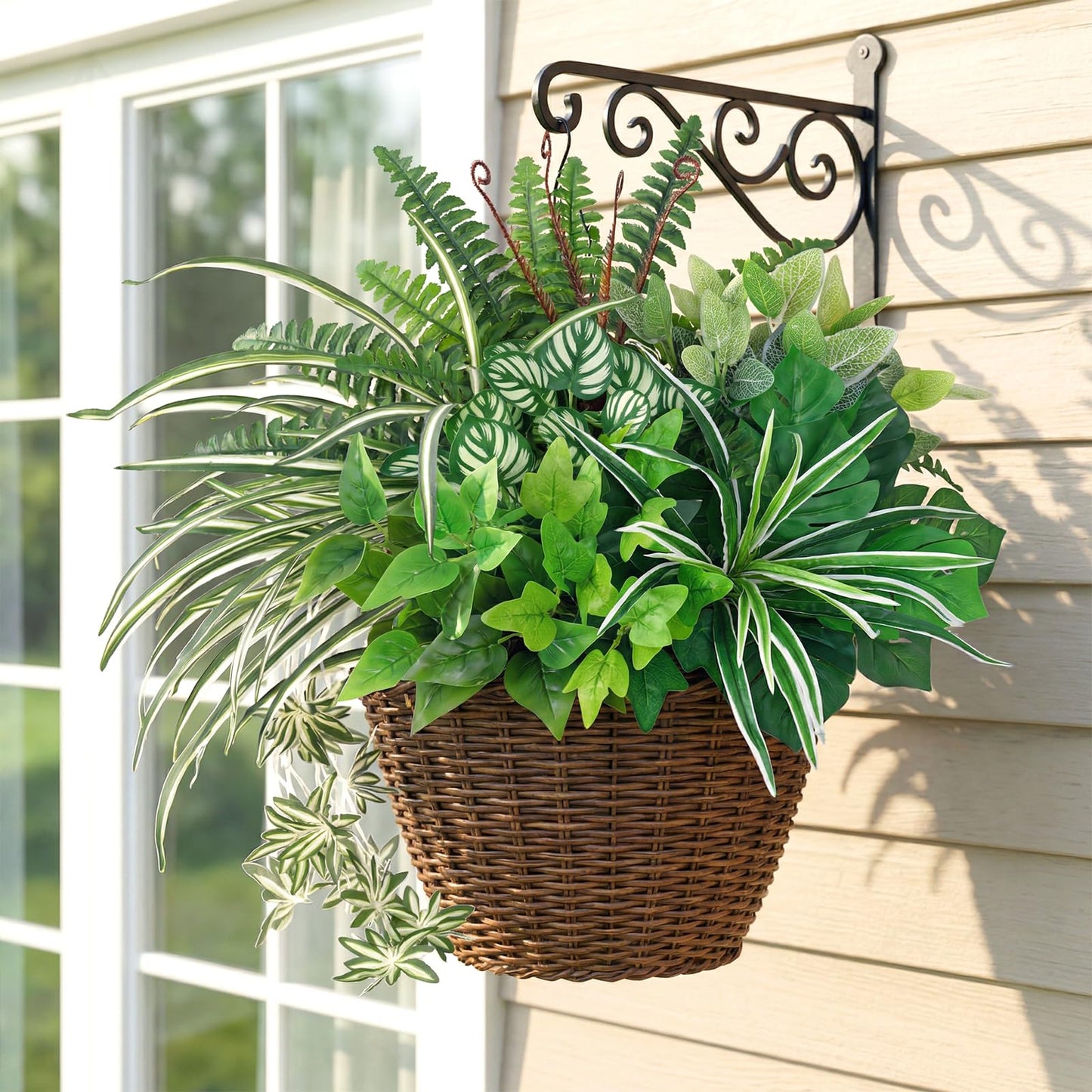 UXORSN 8 Bundles Artificial Outdoor Plants UV Resistant Artificial Greenery Stems Fake Ferns Shrubs Bushes Spring Summer Plastic Green Plants for Planter Garden Outside Porch Patio Decor